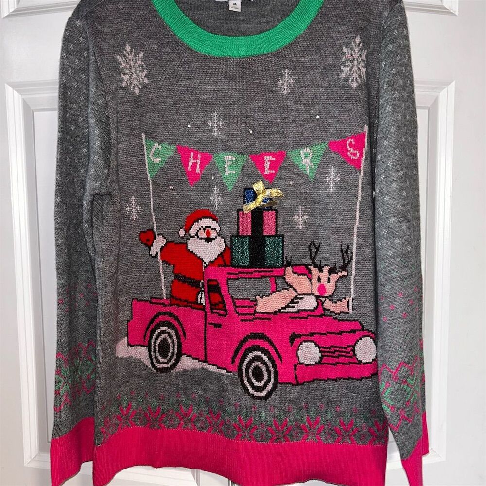 Rockin Around Light-Up Ugly Christmas Sweater Santa & Reindeer Unisex M Gray